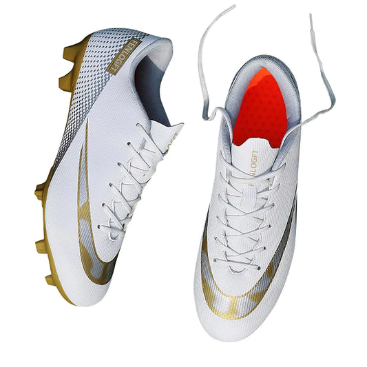 Fenlogft Unisex Sizes Leather Soccer Cleats with Lace-Up for Training Firm Ground & Turf - Men Women Boys & Girls American Football Shoes Boot (White Gold Numeric_11_Point_5)